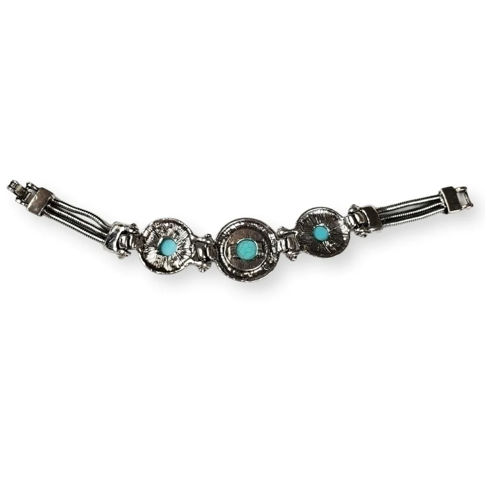 Faux Turquoise Cabochon Bracelet Snake Chain Antiqued Silver Tone Western 7
